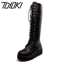 Tuyoki/Размеры 33-48; женские сапоги до колена; высокие сапоги в стиле ретро на платформе со шнуровкой и круглым носком; винтажная Женская обувь в стиле панк