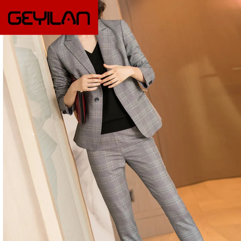 

Women's suit 2019 autumn casual fashion temperament slim slimming plaid single buckle small suit trousers two-piece