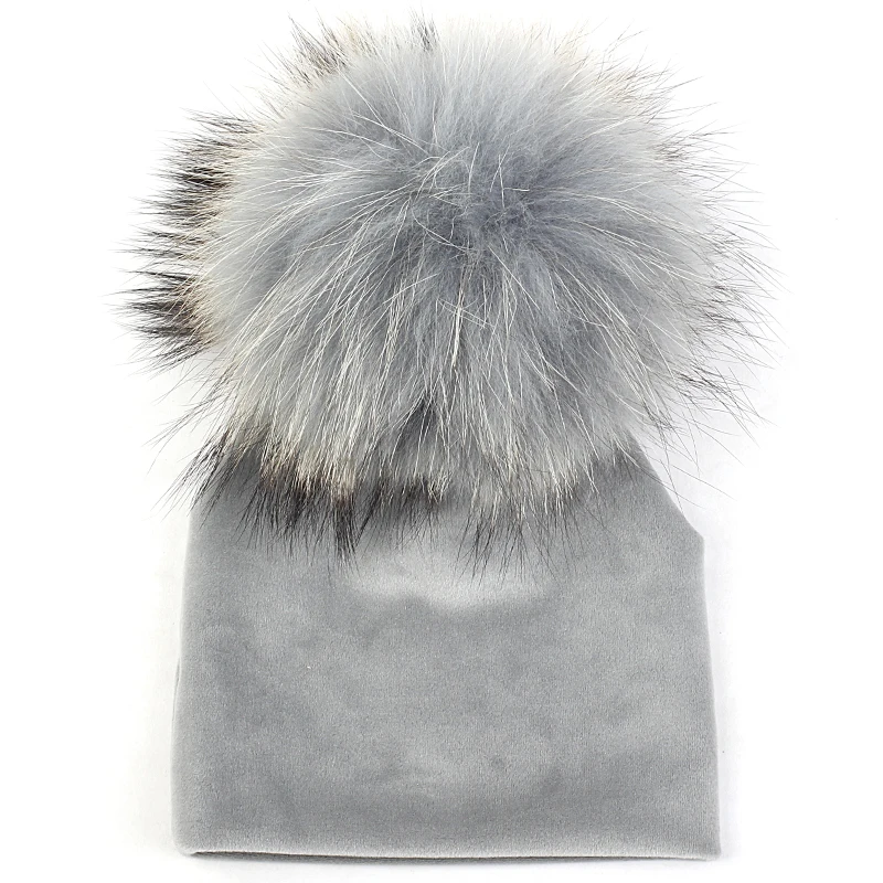 gray B Nebworn зимнее теплое платье из плотной ткани, шапки-бини с 15 см енота меховым пом Шапки для маленьких мальчиков и девочек мягкая детская шляпа для малышей - Цвет: gray B