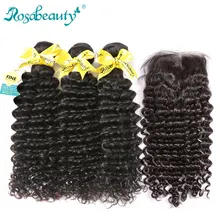 RosaBeauty 8A бразильские глубокая волна 3 пучка с закрытием фронтальная 8-3" 28 30 дюймов вьющиеся волосы Remy плетение с кружевом