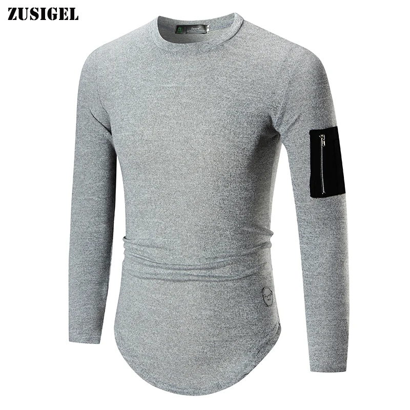 ZUSIGEL/Необычные однотонные мужские футболки с круглым вырезом и длинными рукавами