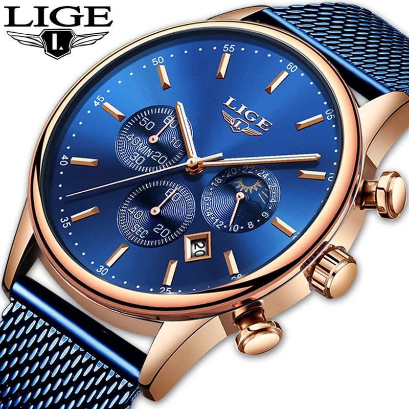 Ceny 2019 nowy LIGE niebieski swobodna siateczka pas moda złoty zegarek kwarcowy męskie zegarki Top marka luksusowy wodoodporny zegar Relogio Masculino