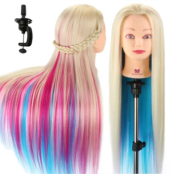 

28" 70cm Colorful Rainbow Pink Hairdressing for Hairstyles Dummy Doll Training Head Hair Braiding Mannequin Head + Clamp Manikin