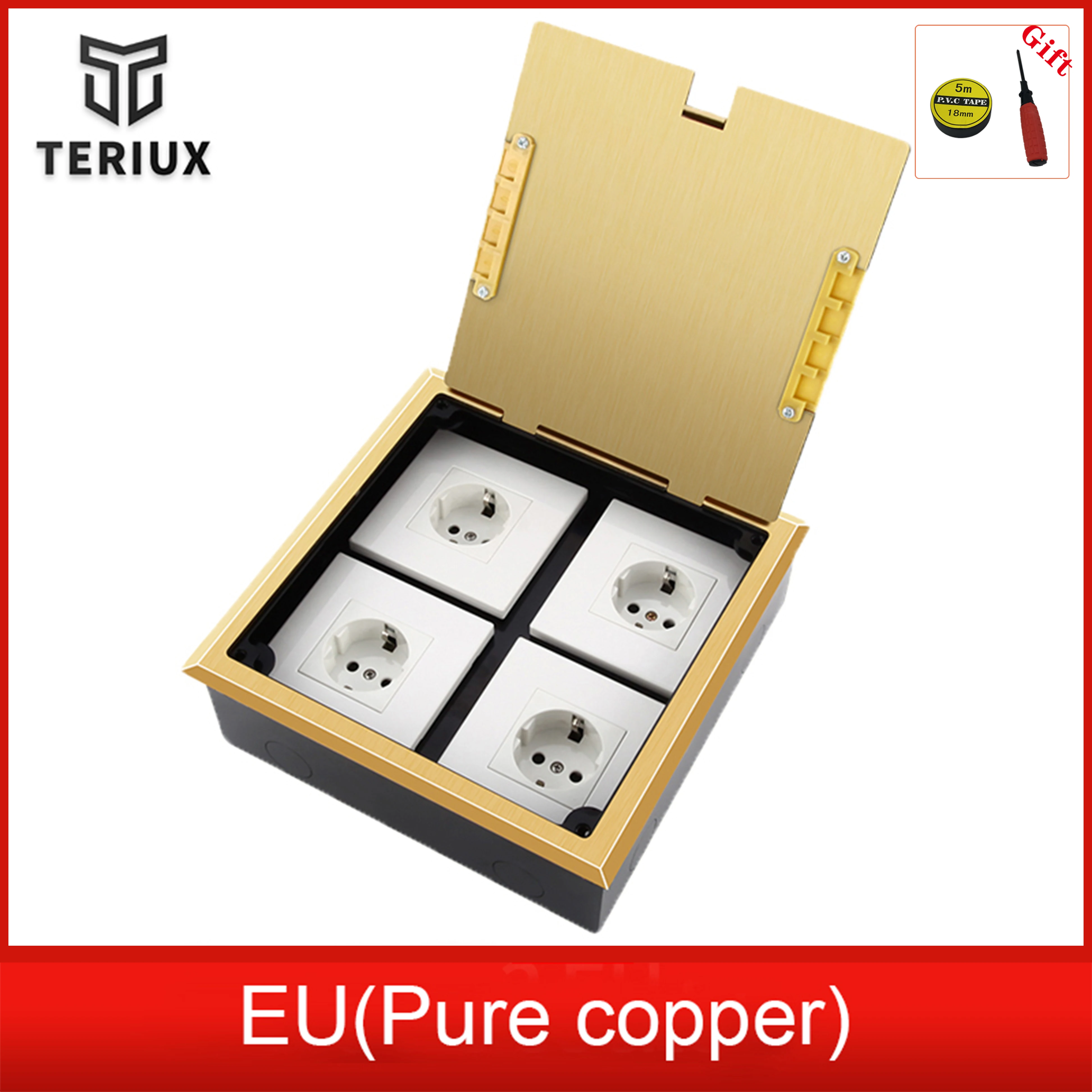 

Wholesale golden pure copper EU socket 4 outlets recessed customized floor socket 250v manufacturer built in socket