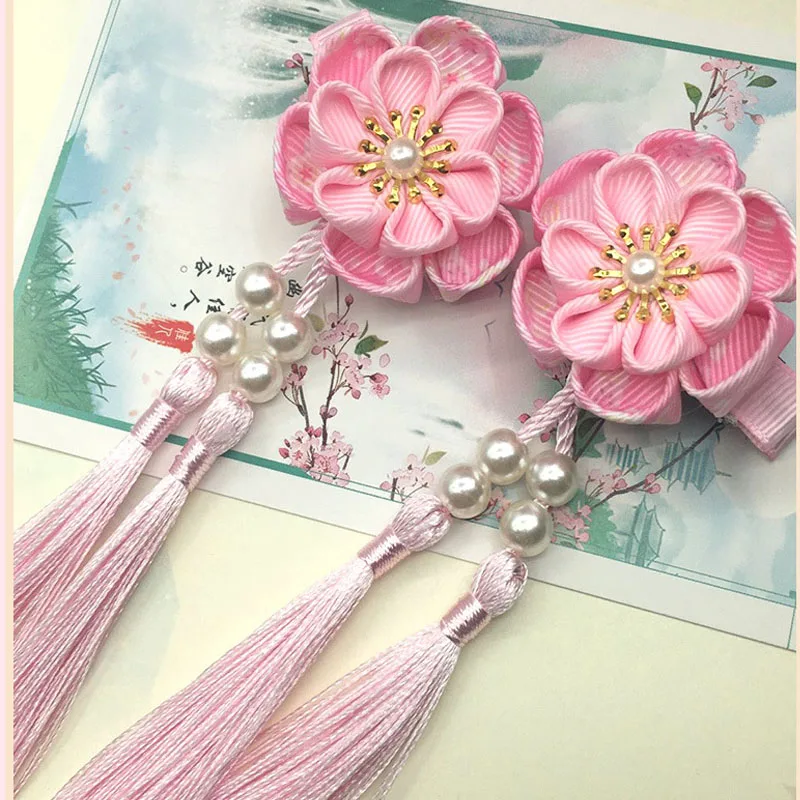 2 шт. Maru-tsuami Kanzashi Цветочные кисточки Сакура заколка для волос традиционный японский стиль кимоно аксессуар Гейша ручной работы HW043 - Цвет: Розовый