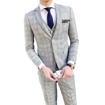 

Single-breasted suit suit men's slim blazer plaid groom wedding dress Korean version of the British wind suit three-piece suits