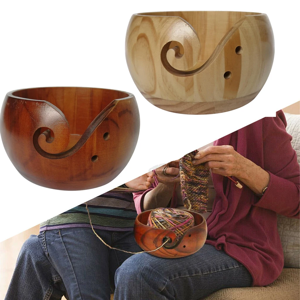 Wooden Yarn Bowl Portable Knitting Yarn Wool Threads Storage Bowl Hook Holder Accessories