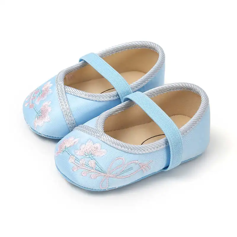 Infant Newborn Baby Girl Chinese Style Embroidered Princess Crib Shoes Soft Sole Pram Anti-slip Prewalker 0-18M - Цвет: Синий