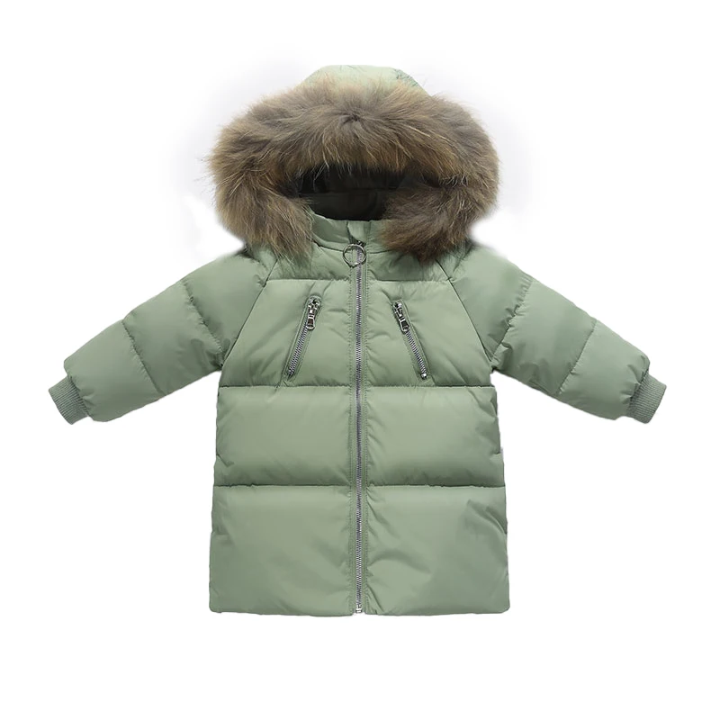 Г., зимнее пальто для мальчиков теплая куртка-пуховик с меховым воротником и капюшоном для девочек, детская одежда плотная теплая Длинная зимняя одежда Зимний комбинезон - Цвет: Green