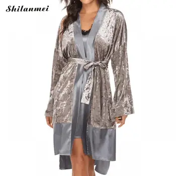 

Women Pajama Underwear Gold Velvet Pure Color Nightgown Hot Sale Lace Stitching Home Wear Pajamas Set Lace Up Long Sleeve