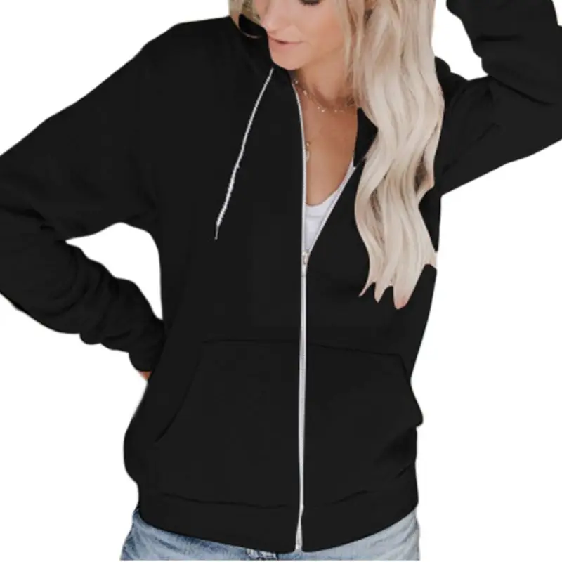  Womens Autumn Long Sleeve Full Zip Hoodie Jacket Solid Color Basic Sweatshirt