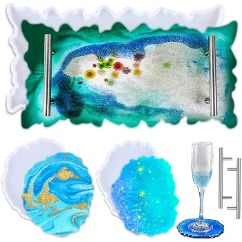 

Silicone Resin Tray & Coaster Molds,with 2 Pcs Coaster Molds & 2 Pcs Silver Handles, Resin Molds for Making Tray Coaster