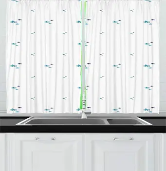 

Blue White Fish Theme Kitchen Curtains Simplistic Pattern Repeated Mini Mammals Floating Swimming Marine Lifestyle for Kitchen