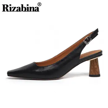 

RIZABINA New Sandals Shoes Women Real Leather Fashion Square Toe Round Heels Shoes Lady Slingback Buckle Footwear Size 34-39