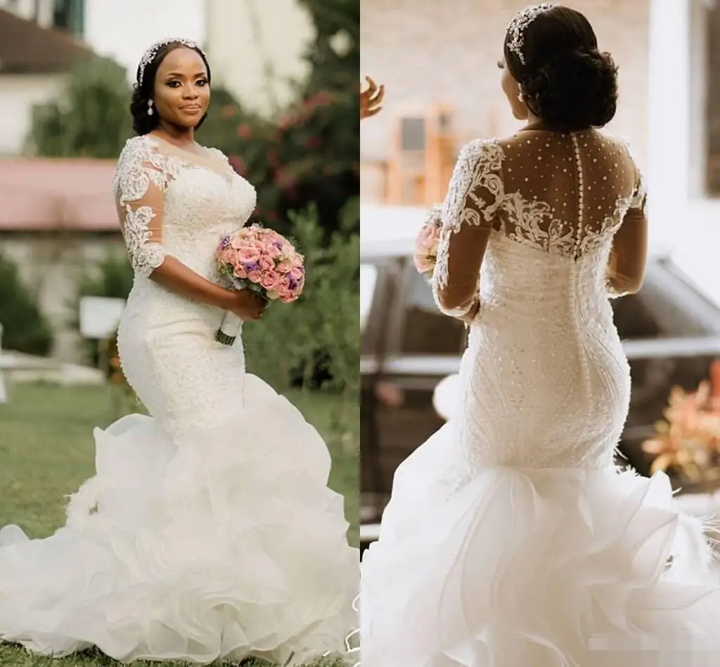 

Свадебные платья в стиле русалки, женские платья невесты из каскадной органзы с длинными рукавами и бисером, дизайнерские африканские Нигерии
