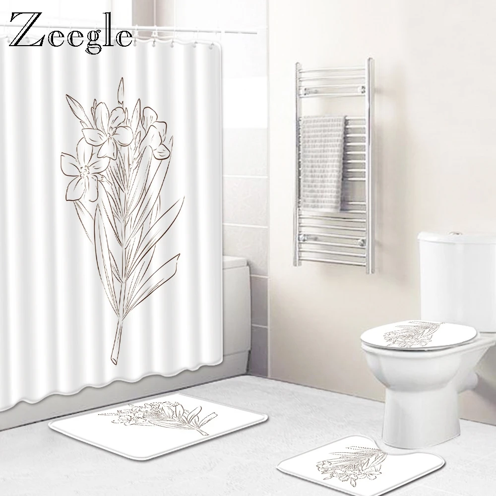 Zeegle Washable Bath Mat Set Bathroom 4pcs Bath Mat Set Toilet Seat Cover Shower Room Soft Floor Rug Waterproof Shower Curtain