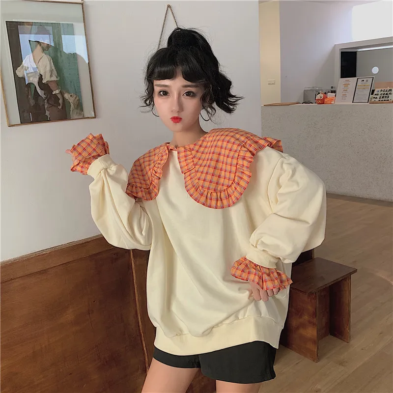 Женская Толстовка Harajuku с мультяшным принтом каваи, милые клетчатые толстовки для девочек, свободные осенние толстовки с кукольным воротником, имитация двух частей, джемпер в Корейском стиле