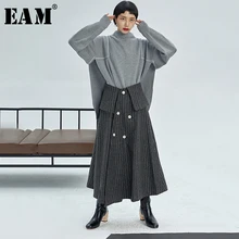 [EAM] серая полосатая Асимметричная шерстяная юбка средней длины с высокой талией, женская модная одежда, Новинка весна-осень 1K717