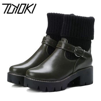 

Tuyoki Women Mid Calf Boots Winter Fur Shoes Woman Patchwork Knitting High Heel Boots Buckle Platform Warm Shoes Size 32-43