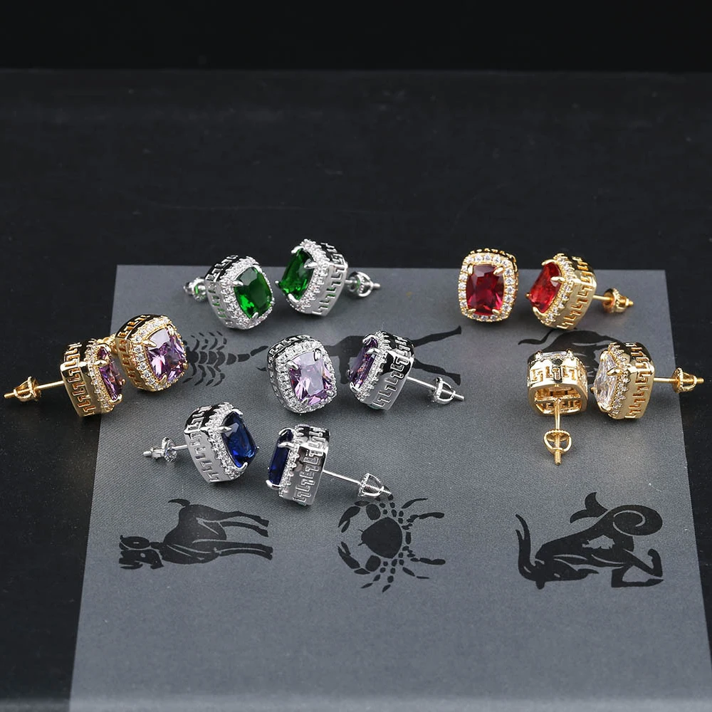 

Micro Pave Cubic Zircon Multicolor Stones Iced Out Stud Square Earring Earrings Hip Hop Jewelry For Gift Party For Men & Women