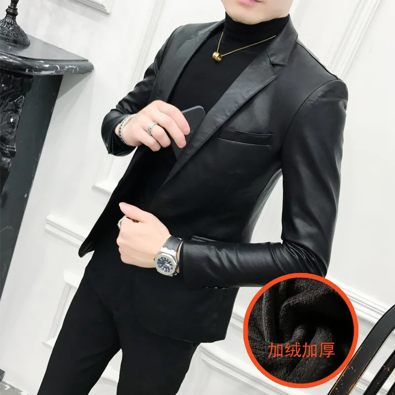 

Autumn And Winter New Style Leather Coat Men's plus Velvet Slim Fit Korean-style Thick Handsome pi xi zhuang Youth Solid Color C