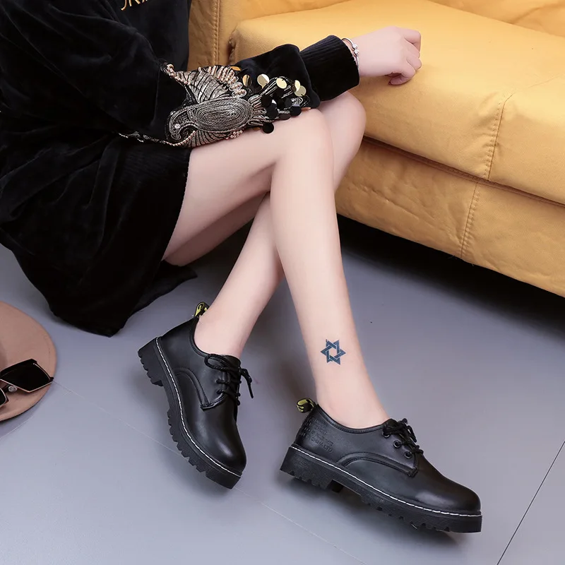 

Spring And Autumn New Style Korean-style round-Toe Lace-up Low Heel WOMEN'S Shoes Versatile Students Chunky-Heel Small Leather S