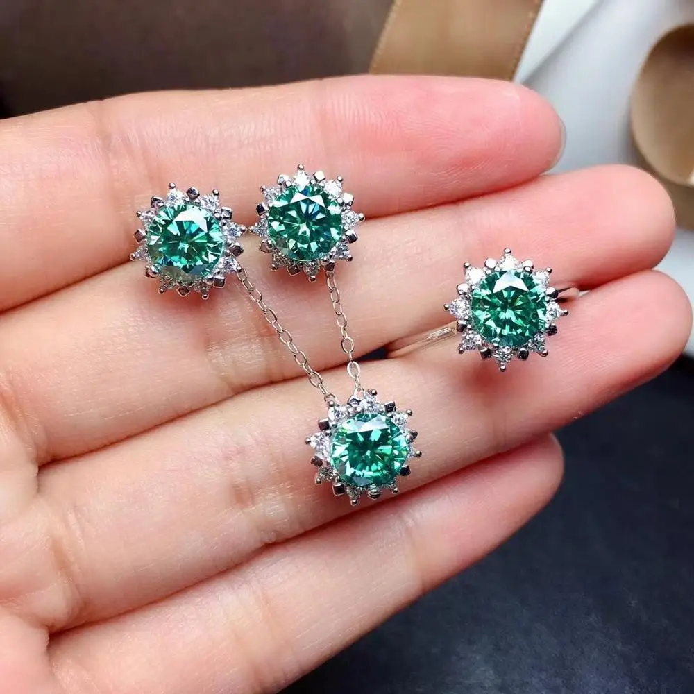 MeiBaPJ 1 Carat Green Moissanite Flower Jewelry Set 925 Silver Ring Earrings Pendant 3 Pieces Suits Wedding for Women | Украшения и