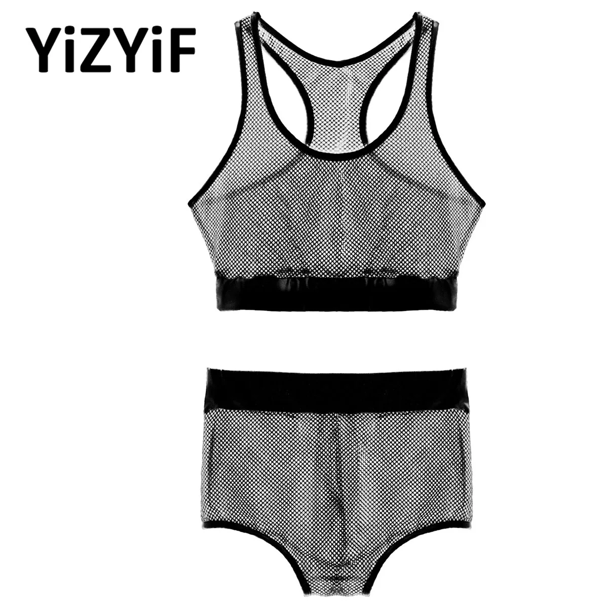 

2Pcs Womens Sexy Sheer Mesh Tank Crop Top See Through Shorts Sets Clubwear