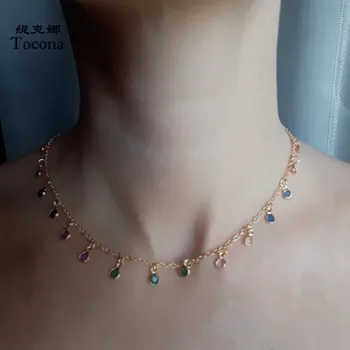 Tocona Bohemian Colorful Crystal Stone Choker Necklace for Women Gold Alloy Metal Charm Handmade Chain Jewelry Collars 8877