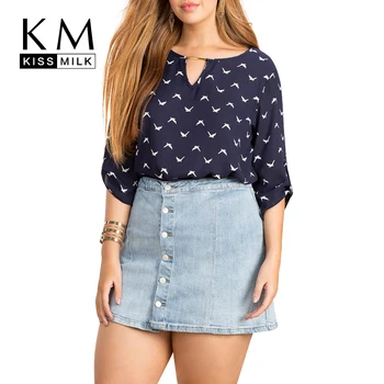 

Kissmilk 2020 Plus Size Womens Summer Fashion Bird Print Cut Out Shirts Casual Loose Half Sleeve Chiffon Blouse
