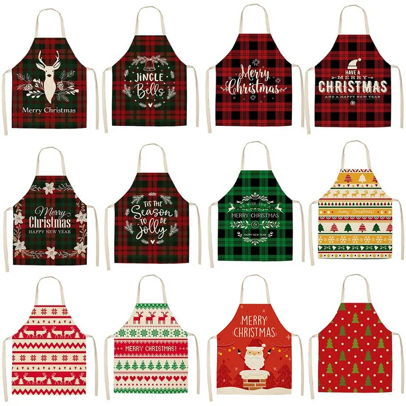 

Merry Christmas Car Tree Red Plaid Kitchen Aprons for Woman Man Home Cooking Baking Shop Cleaning Cotton Linen Apron Accessories
