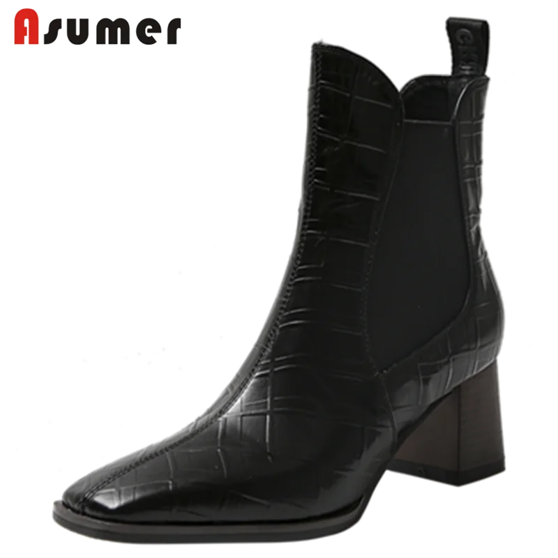 

Asumer Cowhide Boots Square Heels Elastic Band Ankle Boots Winter Fashion Women Shoes Hand Made Comfortable Retro Chelsea Boots