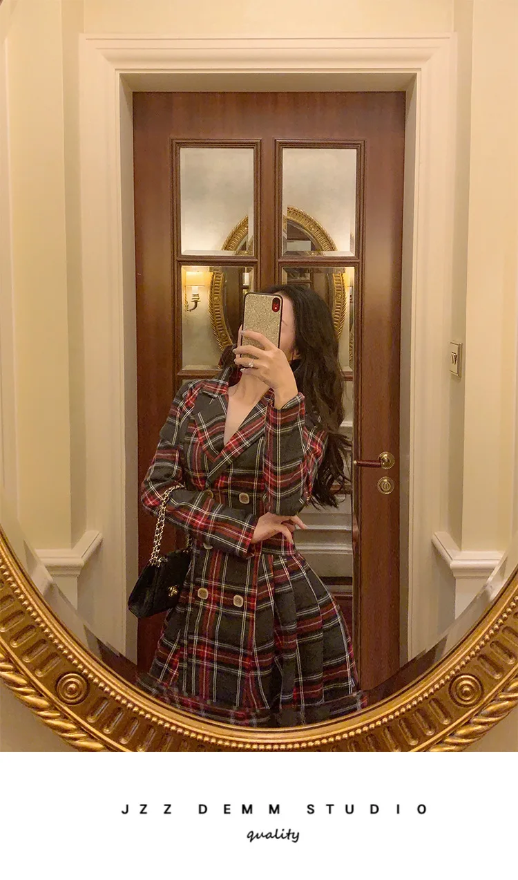 Для фотосессии; маленький костюм; юбка в английском стиле для колледжа; плиссированный элегантный костюм в клетку с длинными рукавами и талией для похудения