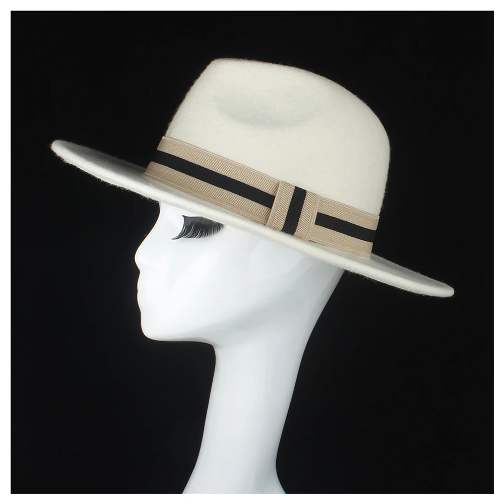 Шерсть аутентичная Женская Белая Шляпа Fedora элегантные женские вечерние шляпы широкополый шляпка для церкви женская шляпа размер 56-58 см