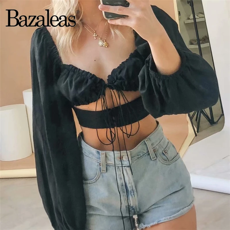 Bazaleas, винтажные, с длинным рукавом, укороченные, для женщин, blusas, белые, с вырезом, blusas mujer de moda,, повязки, Blusa Feminina, короткий топ