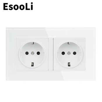 

EsooLi 16A Double EU Standard Wall Socket Crystal Glass Panel Power Outlet Grounded With Child Protective Door