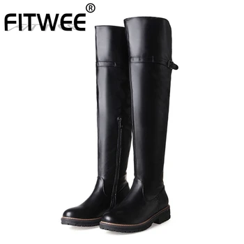 

FITWEE New Arrival Women Over Knee Boots Fashion Zipper Winter Warm Shoes Women Buckle Office Lady Flats Footwear Size 34-43