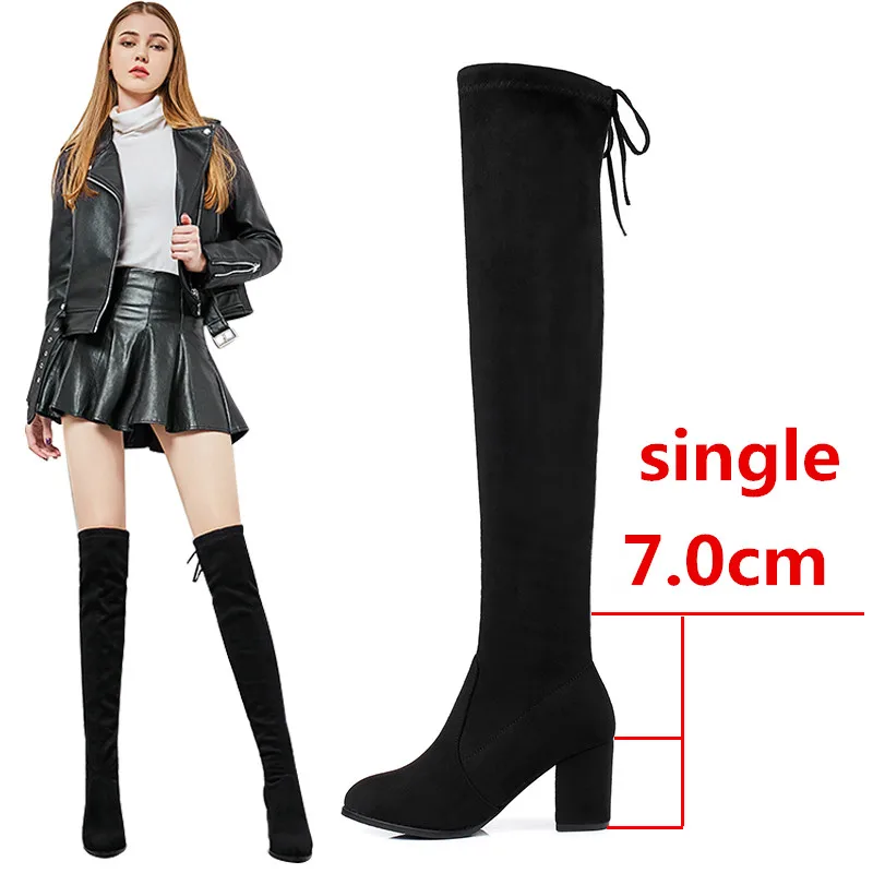 7cm heel single Пикантные облегающие эластичные ботфорты из флока; женская обувь; коллекция года; сезон осень-зима; женские высокие сапоги до бедра на высоком каблуке; botas - Цвет: 7cm heel single