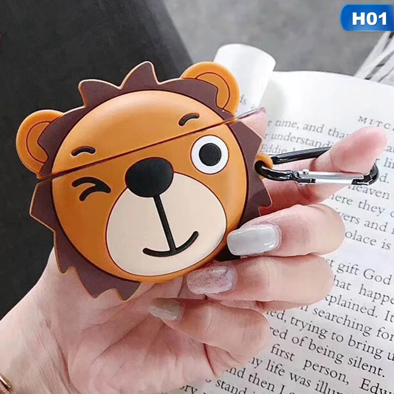 Чехол для наушников Airpods с милым мультяшным животным львом пандой для Apple Airpods 1 2 забавная Защитная крышка с крючком