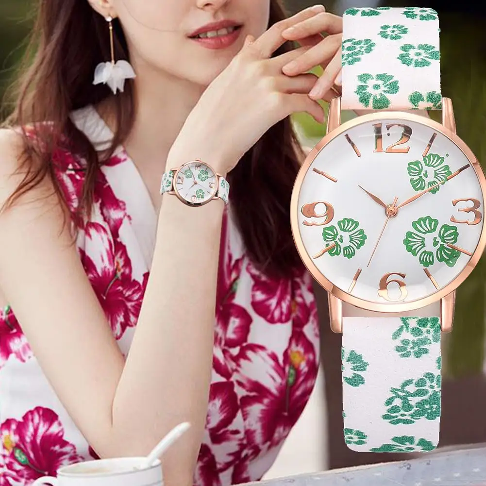 

Women Watches Faux Leather Strap Flower Pattern Round Dial Analog Quartz Wrist Watch Gift Elegant Lady relogio feminino  