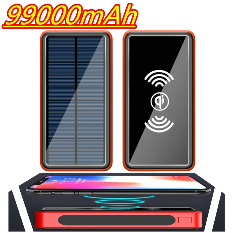 Original standard solar wireless power bank 99000mAh PD4USB port external battery portable mobile phone travel charger slim power bank
