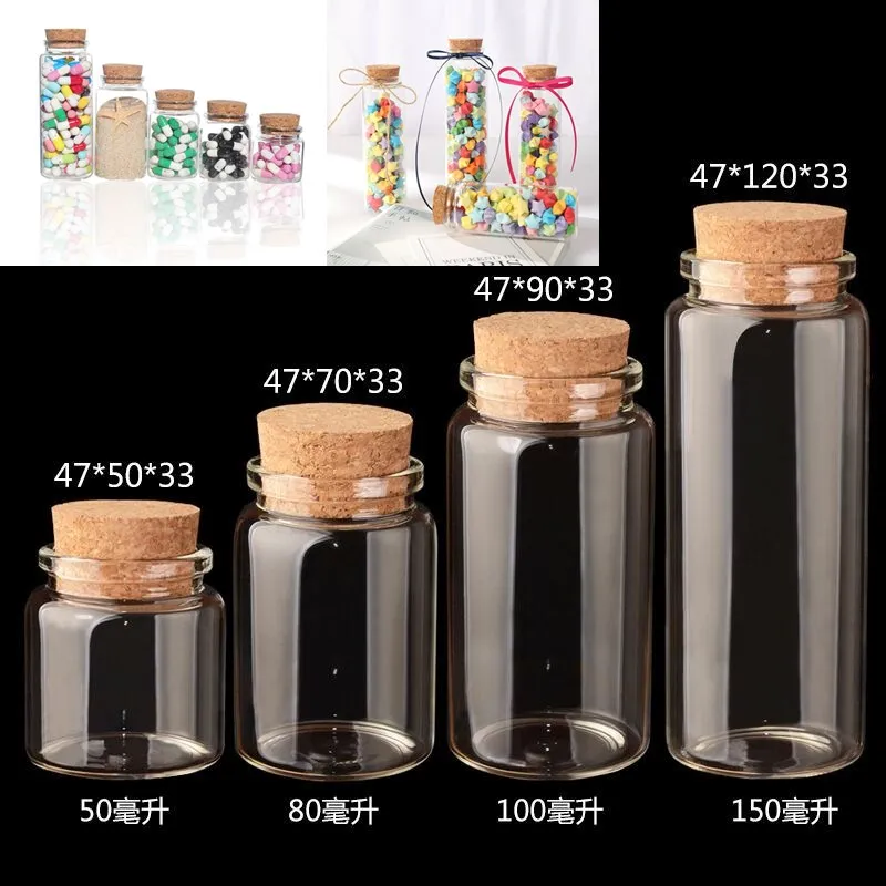 8pcs 50/60/90/100/120/150/200/240/260ml Big Transparent Cork Stopper Glass Bottles Jar Vials Caddy Storage Jars Container