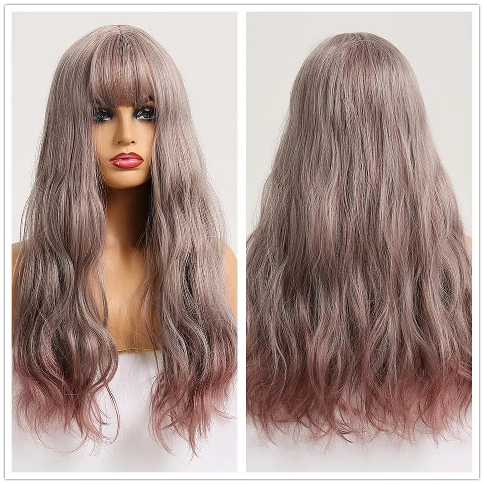 Крошечные LANA волнистые волосы Косплей Длинные парики с челкой для женщин дамы термостойкие Ombre темно коричневый блонд серебряные синтетические парики - Цвет: LC227-2