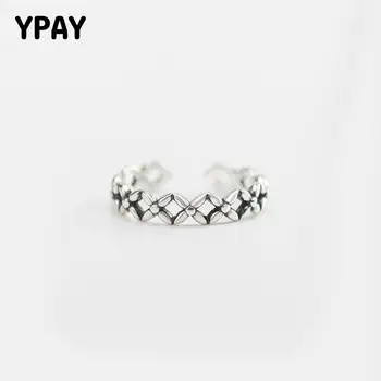 

YPAY Vintage Simple Stackable Flower Rings for Women Genuine 925 Sterling Silver Open Adjustable Ring Fine Jewelry Gift YMR214
