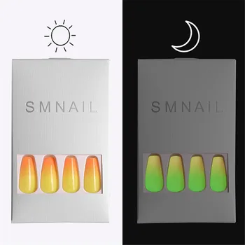 

24 Pcs Luminous Neon Gradient False Nails Fake Nail Tips Ballerina Reusable Full Cover Nail Art Nails Manicure Glow in the dark