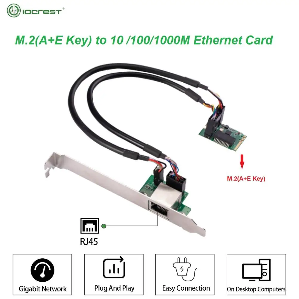 

IOCREST 22x30mm M.2 A Key and E Key to 1 Port 10/100/1000Mbps Gigabit Ethernet NIC Network Card