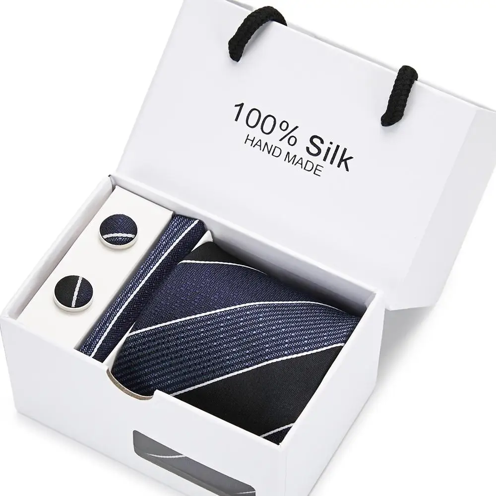 

Gift Box Ocean Blue men ties set Extra Long Size 145cm*8cm Striped Necktie Silk Jacquard Woven Neck Tie Suit Wedding Party