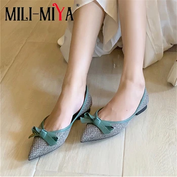 

MILI-MIYA Casual Women Weave Material Flats Pointed Toe Metal Decoration Butterfly-Knot Slip-On Solid Color Size 34-39 For Lady