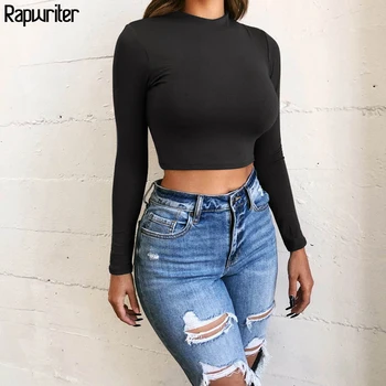 

Rapwriter Casual 4 Colors O-Neck Long Sleeve Basic T-Shirt Women 2019 Autumn Winter Keep Warm Skinny Tee Shirt Crop Tops Femme