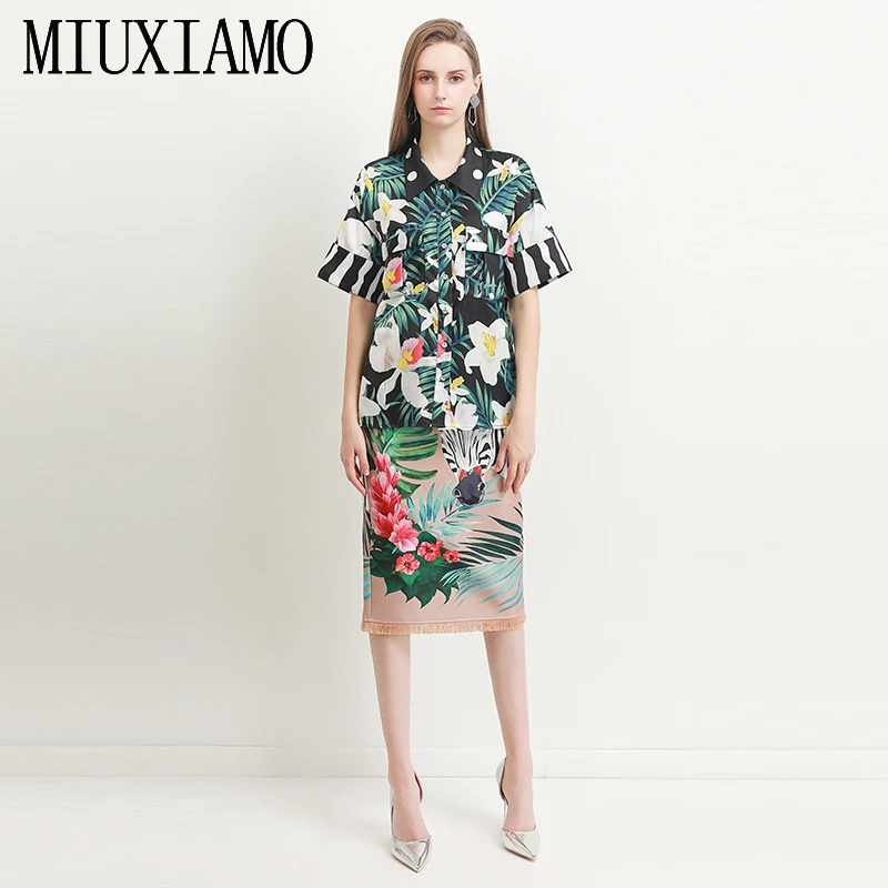 MIUXIMAO, лучшее качество,, офисный женский осенний комплект-двойка, элегантный топ с коротким рукавом, роскошный цветочный принт с зеброй, костюмы для женщин, Vestido